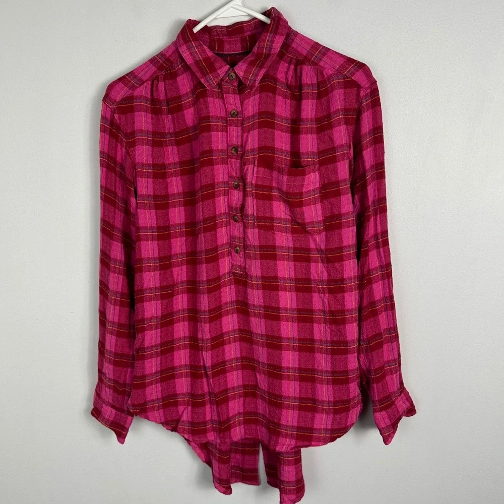Anthropologie Isadora Pink Button Back Plaid Tunic Top Womens Size Small Popover - Picture 3 of 16